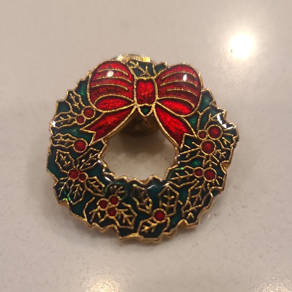 Festive Wreath Brooch/Pin with Red and Green Accents